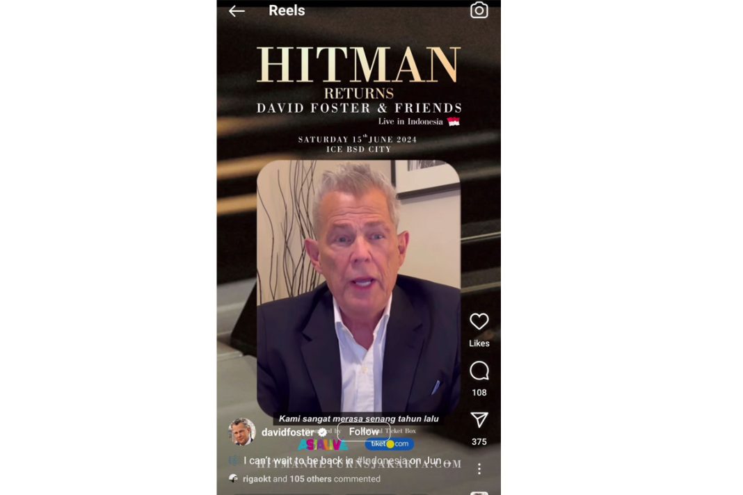 David Foster mempromosikan konser Hitman Returns David Foster and Friends Live in Indonesia via Instagram
