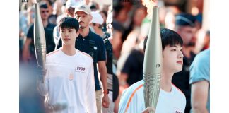 jin bts dengan gagahh membawa obor olimpade paris 2024